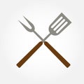 Grill tools icon. Crossed barbeque fork with spatula. BBQ symbol. Vector illustration